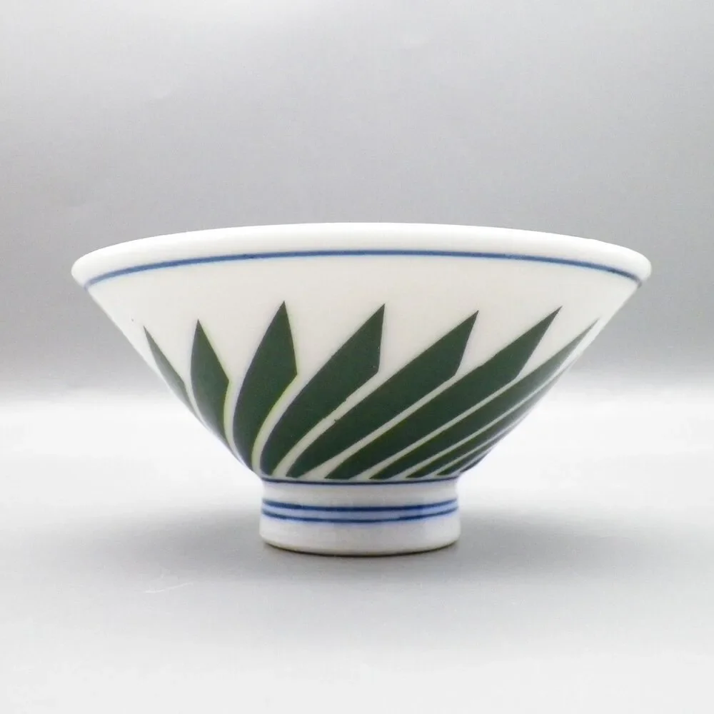 Japanese Ceramic Green Geometric Footed Rice Bowl with Spoon